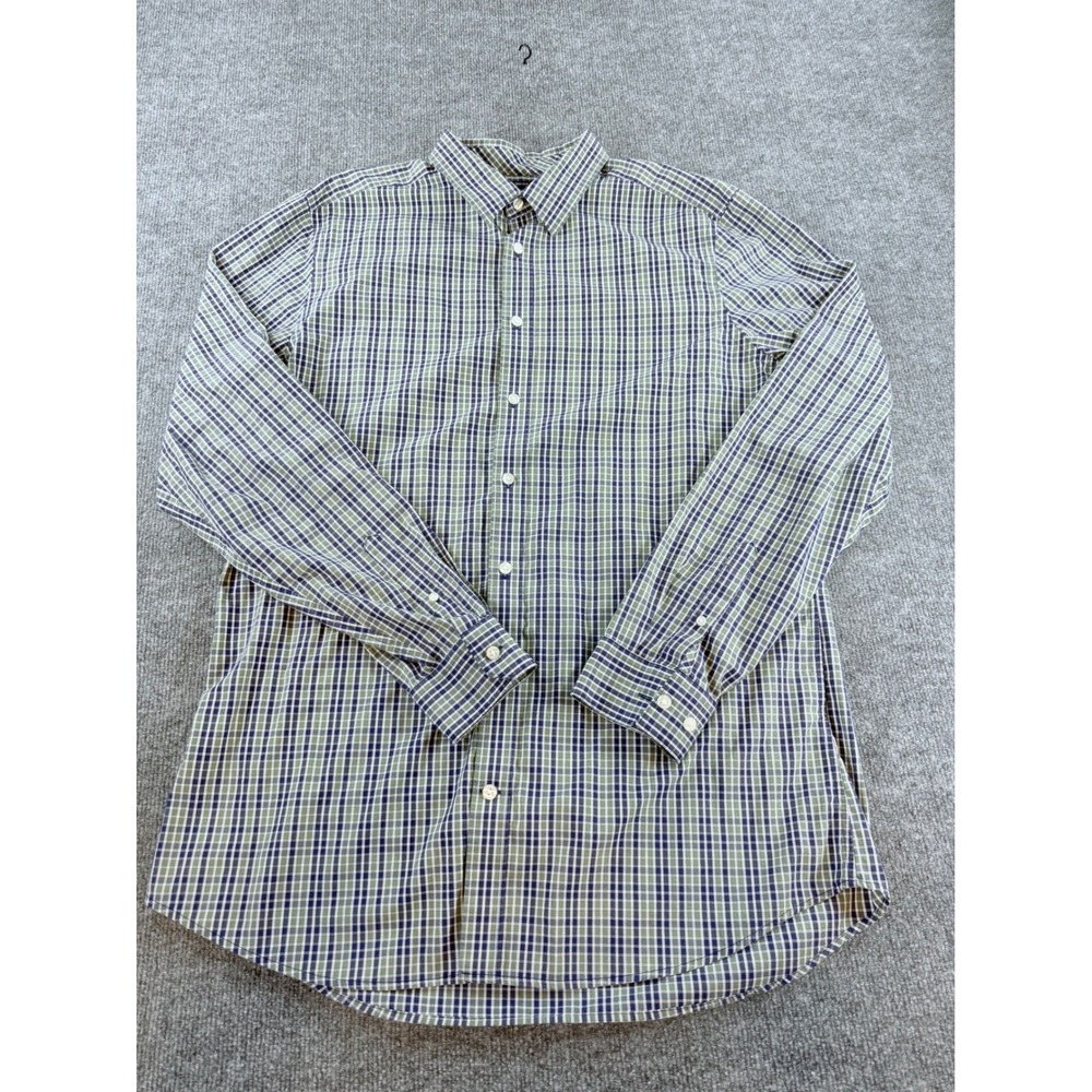 Gap Mens XL Tall Slim Fit No Iron Plaid Button Down Shirt Green Navy Blue Cotton